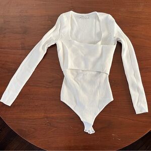 Abercrombie White Ribbed Long Sleeve Bodysuit